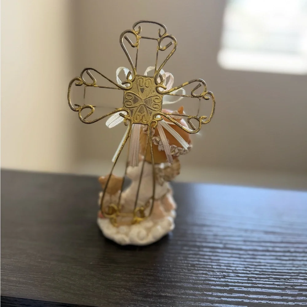 White and Gold Angel Favor Figurine with Teddy and Cross Accent